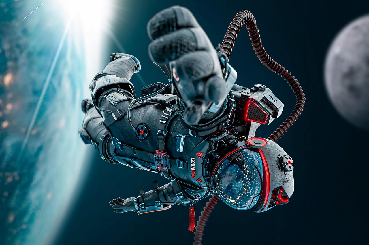 Giocatore immerso in un'esperienza di realtà virtuale con visore e controller, circondato da un mondo digitale.