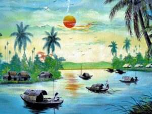 Villaggio di pescatori colorato con case tipiche e mare cristallino, sembra un dipinto.